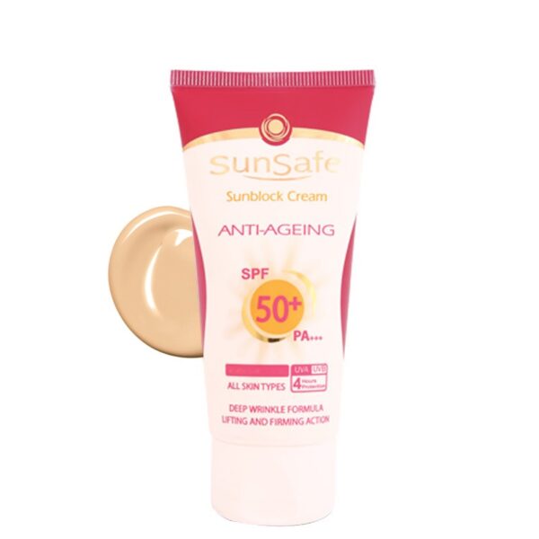 کرم ضد آفتاب +SPF50 و ضد چروک رنگ بژ روشن سان سیف