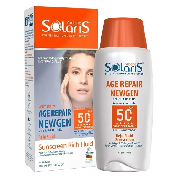لوسیون ضد آفتاب بی رنگ آردن سولاریس SPF50 مدل Age Repair Newgen مناسب انواع پوست، ضد آب، 100 میل