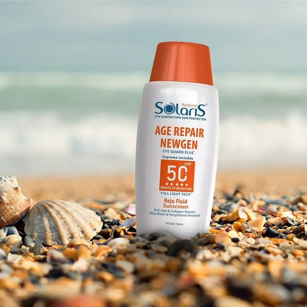 لوسیون ضد آفتاب بی رنگ آردن سولاریس SPF50 مدل Age Repair Newgen مناسب انواع پوست، ضد آب، 100 میل